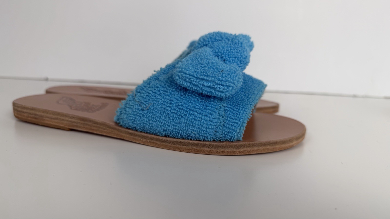 Ancient Greek Sandals Blue Terry Cloth Bow Slide Sandals EU 37 NWOB Dust Bag