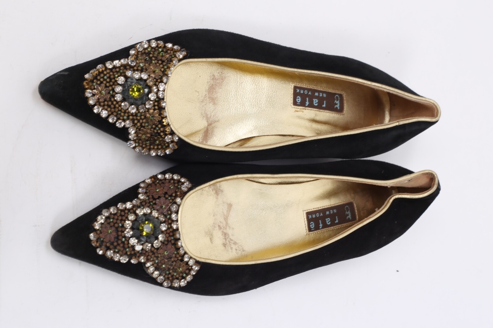 Vintage Rafe Brown Suede Beaded Rhinestone Pointed Toe Flats Boho Evening 38