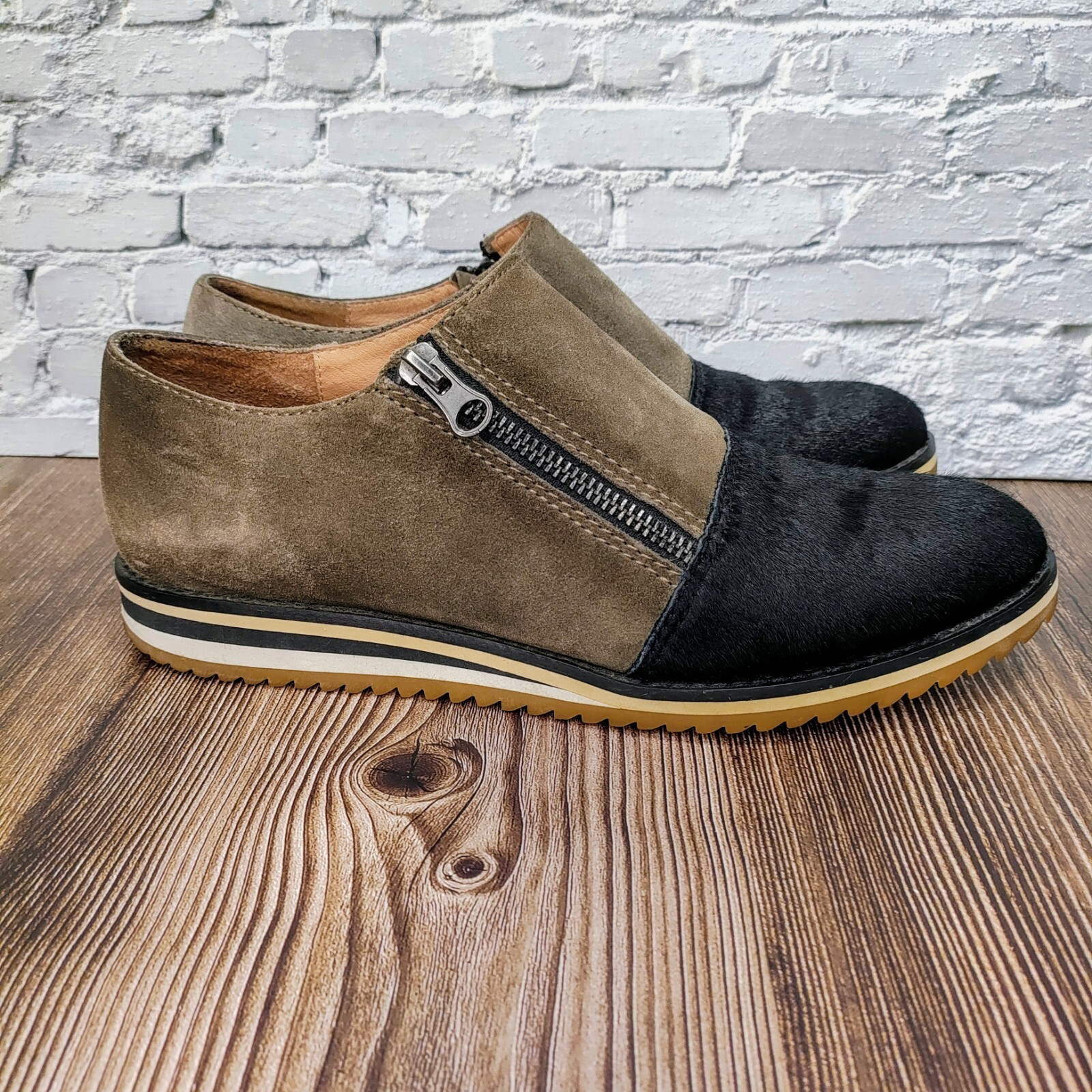 ALL BLACK Anthropologie Horse Hair Brown Suede Black Cap Toe Zip US 9 40 Luxury