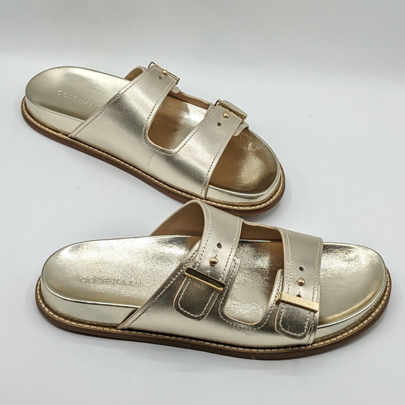 Cole Haan “Marisol” Women’s Leather Adjustable Double Banded Sandals – Soft Gold