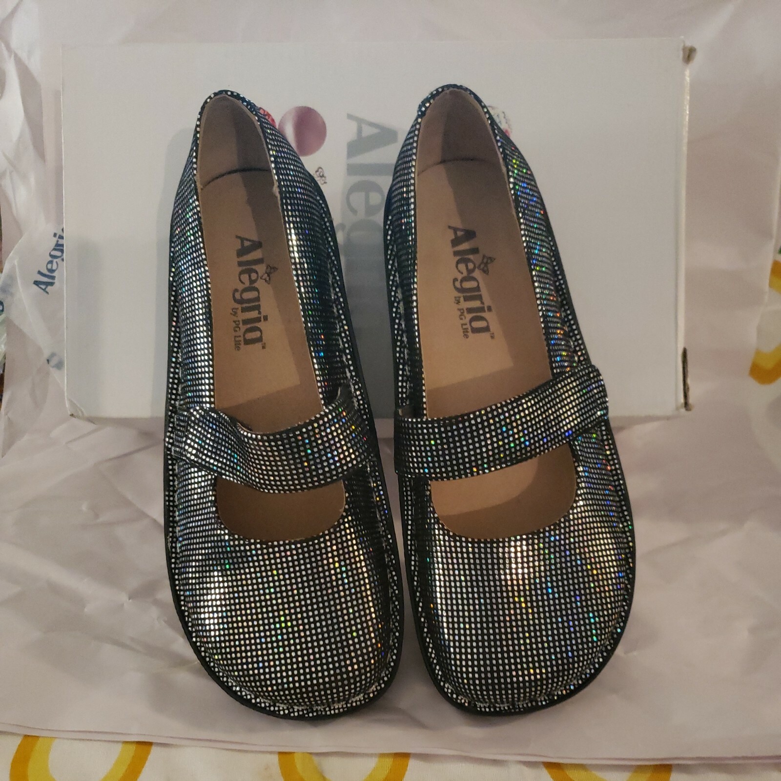 Alegria Feliz Comfort Shoe – Black Silver Prism Mary Jane, US 6-6.5 EU 36 NIB