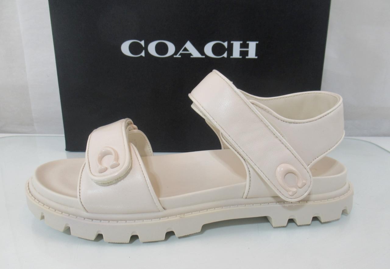 Coach Size 9 Brynn Leather Double Band Straps Sandals C Logo Comfort Chalk Ivory