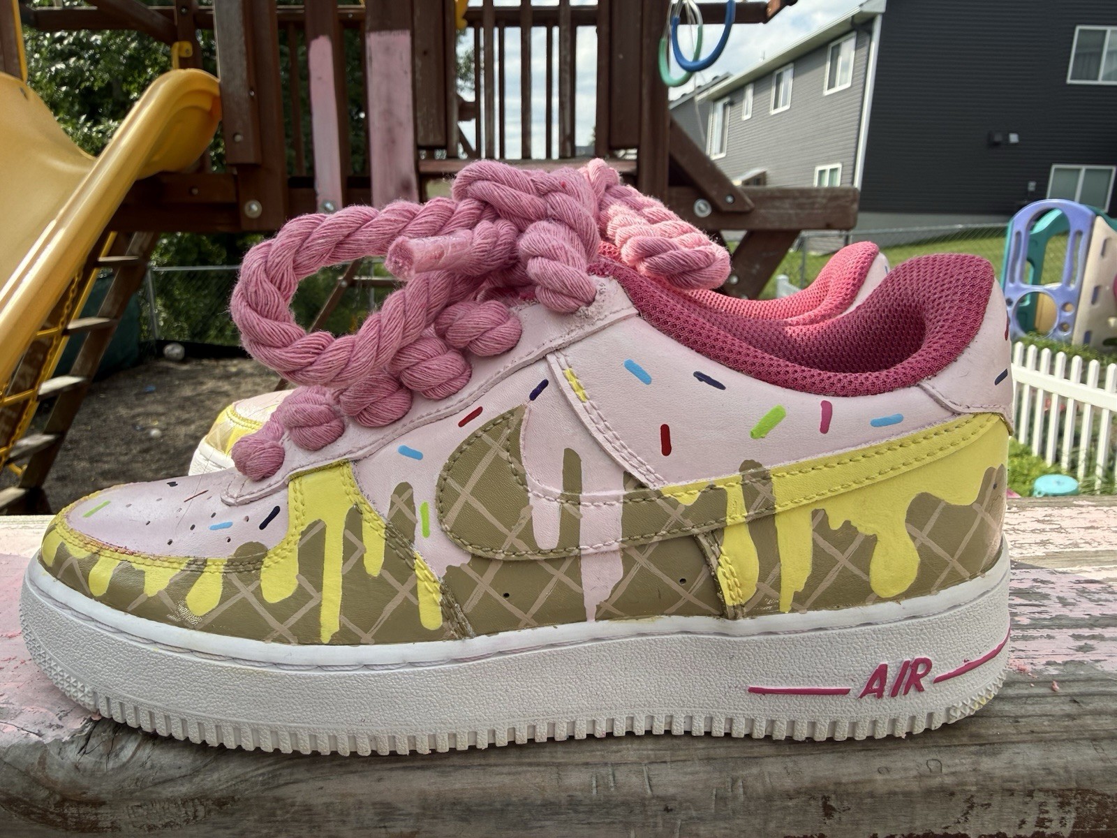 WMS 6.5 Custom hand painted “ Ice Cream and waffle “ AF1, with 8mm rope laces.