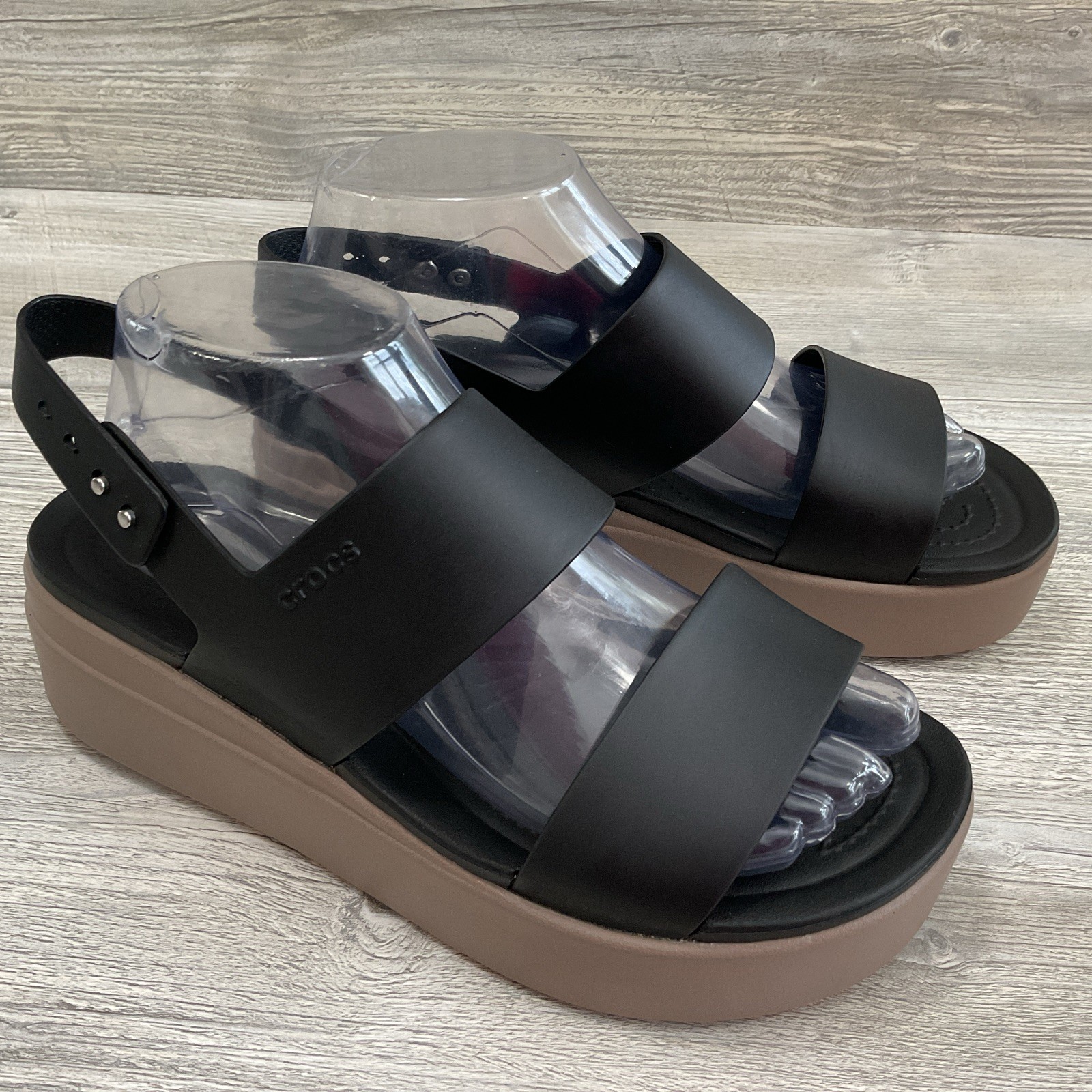 Crocs Literide Brooklyn Platform Black Slingback Beige Wedge Sandle Women’s 9 US