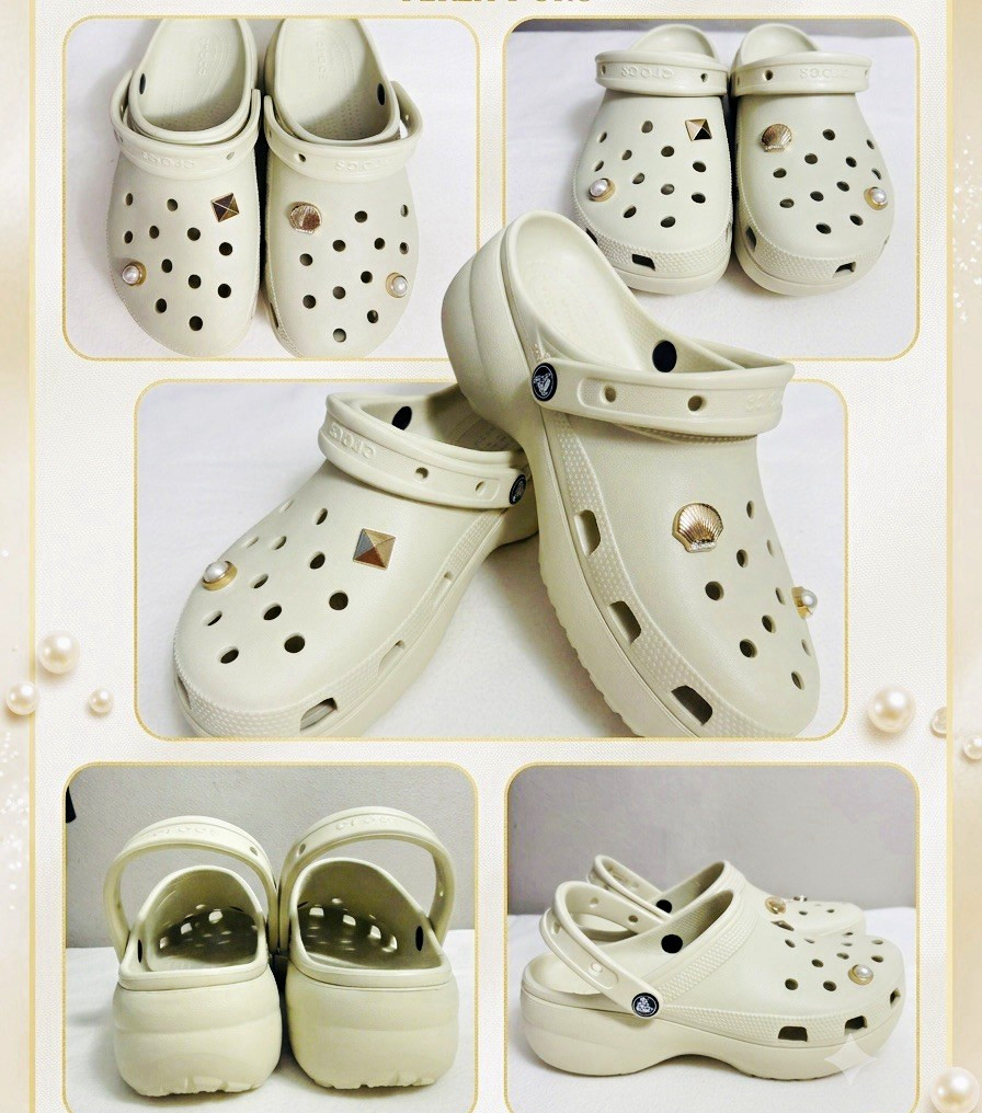 Crocs Classic Platform Clogs Bone Beige Gold Pearl Charms Women’s Size 10 NWOT