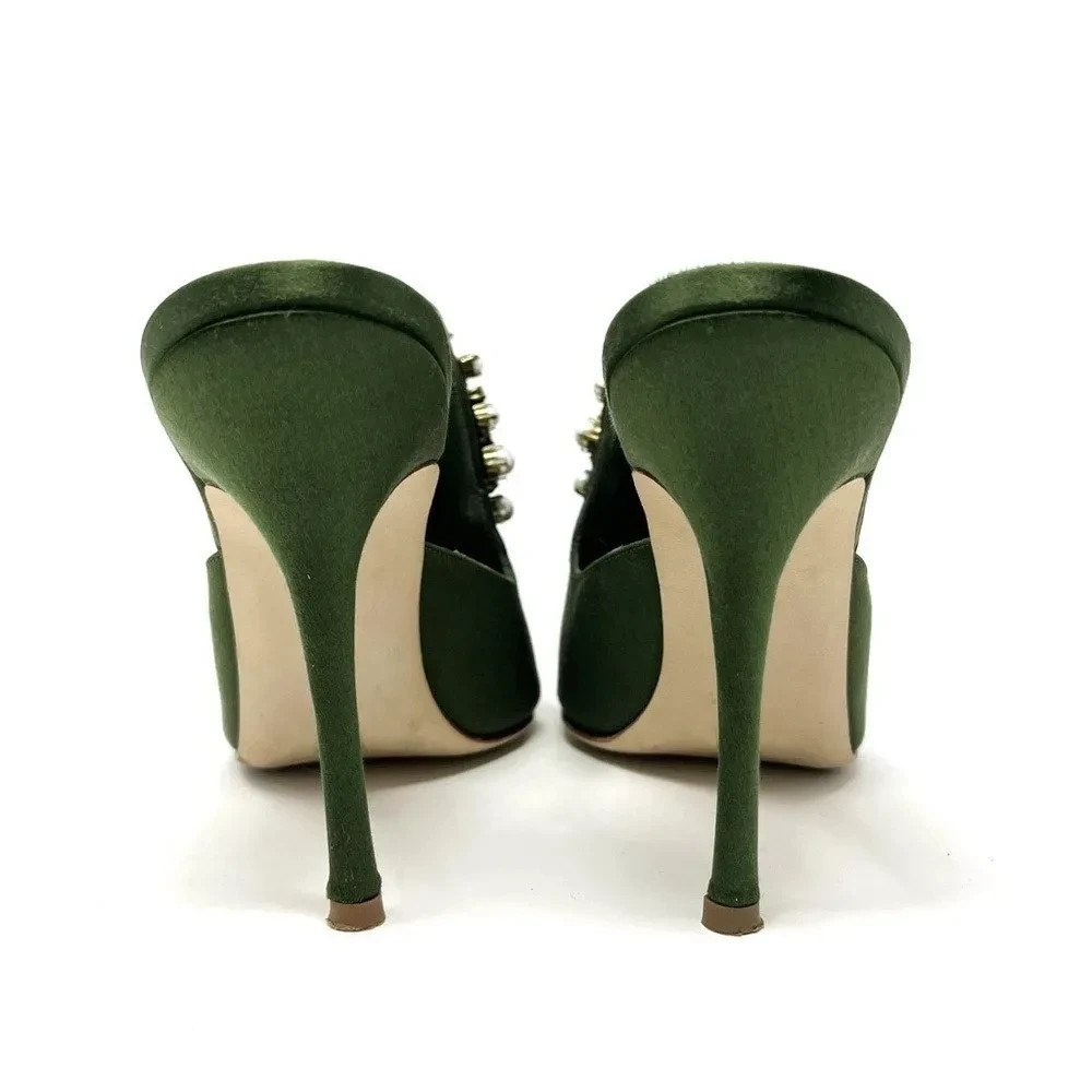 Green Satin Evening Heels Pointy Toe Pearls Buckle Mules for Women FSJ202302035
