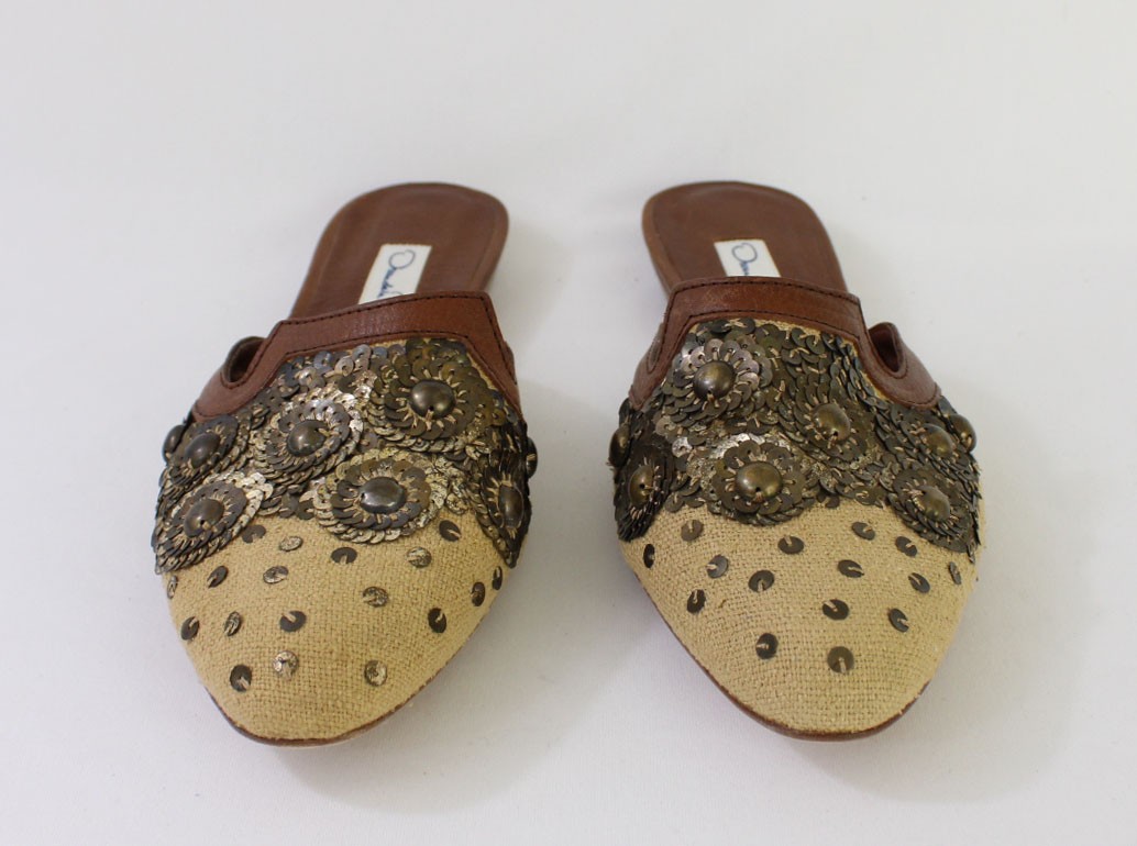 Oscar De La Renta NWOB Beige Tan Multi Beaded Mule Flat Shoe 40 10