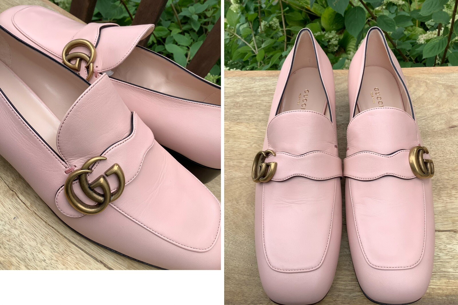 NEW! $850 – GUCCI MARMONT GG Logo Pink Leather Loafers, Size 41EU