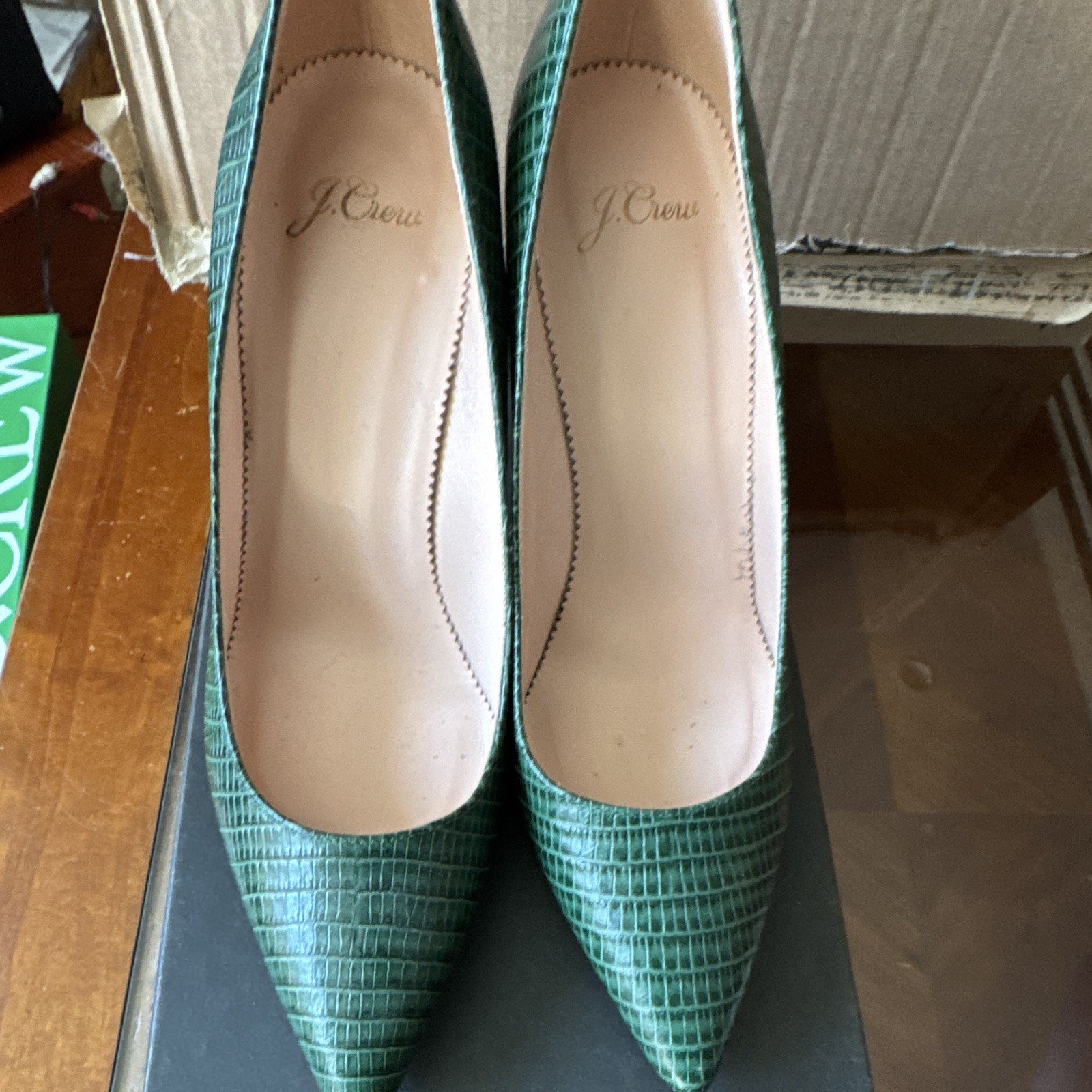J.Crew Green Lizard-Embossed Leather Pump Heels Pointed Toe Stiletto 9 M