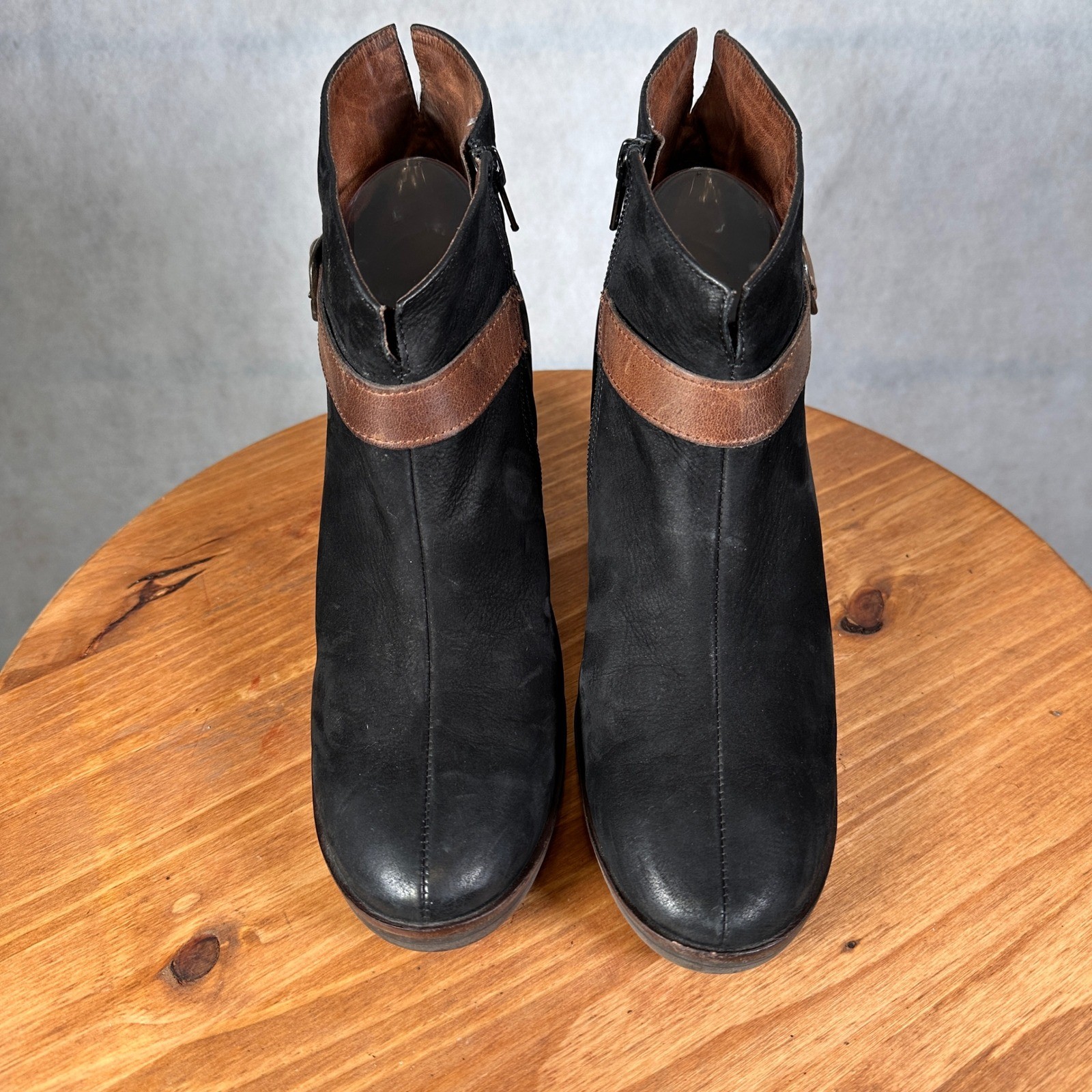 Paul Green Leather Ankle Boots Women 7 Black Brown Good Buckle Side Zip