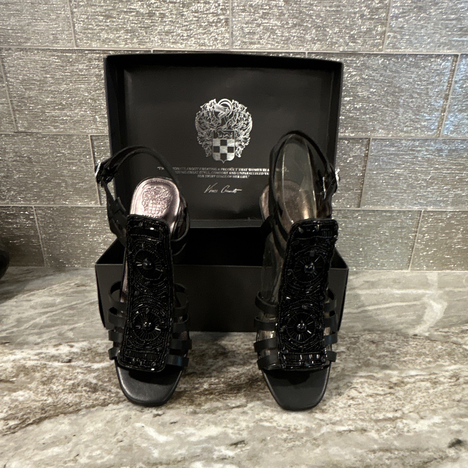 Vince Camuto Black Leather Snake Skin Beaded Strappy Buckle Stiletto Heels 9.5 M