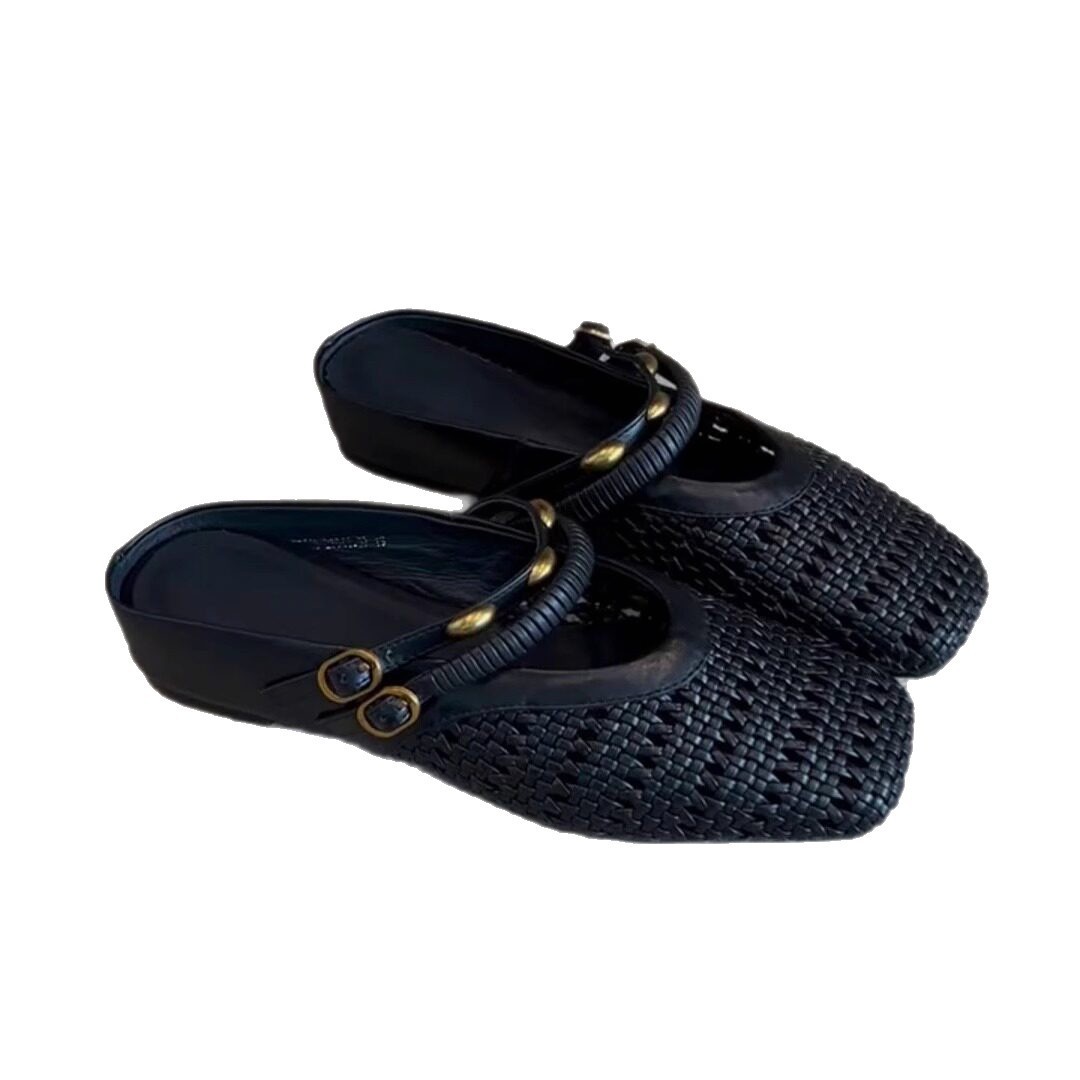 Women Closed Toe Slip on Slides Low Wedge Loafers Sandals Woven Mary Jane