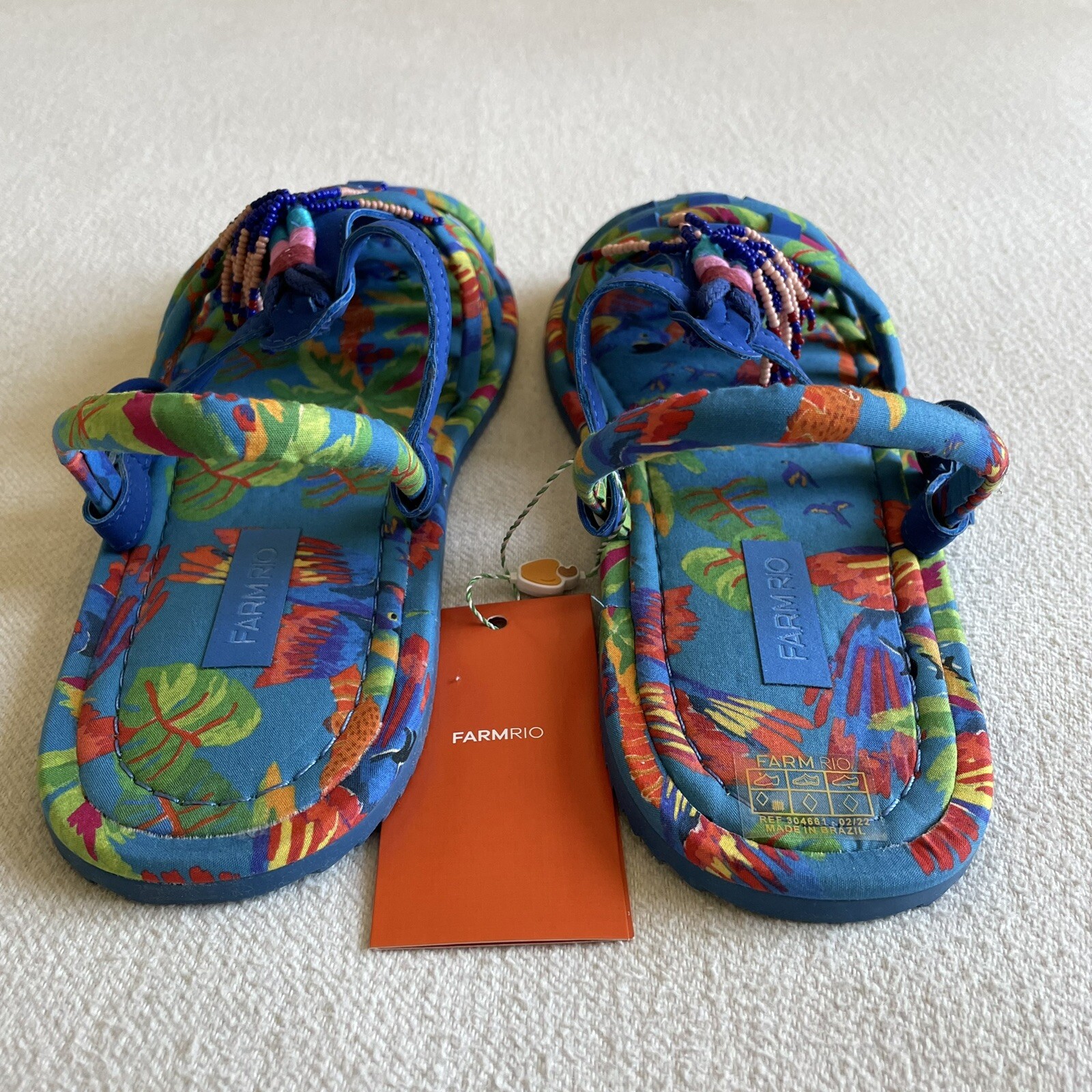 Farm Rio Women Size 11 Tropical Blue Macaw Beaded Tube Strap Sandals