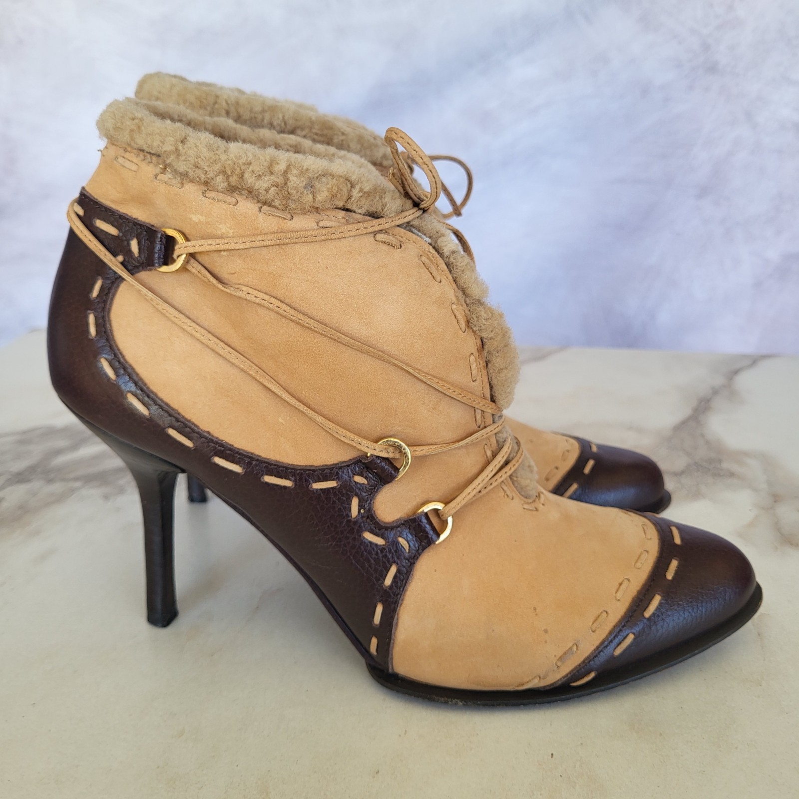 Michelle K Size 37.5/7.5 Shearling Ankle Booties Heels Tan Brown Whipstitch