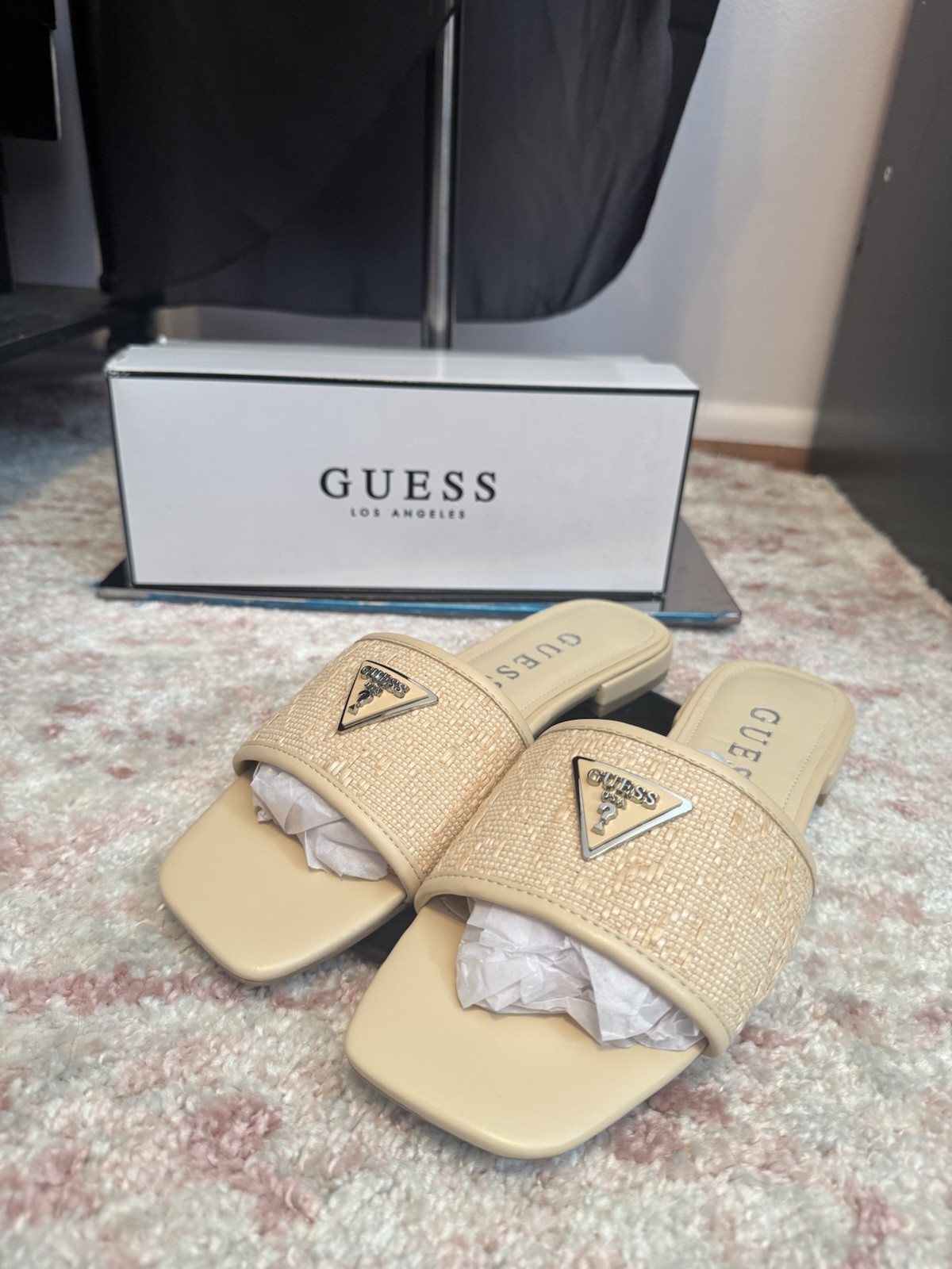GUESS Beige Logo Slide Sandals Slip-On Slip Resistant Textile Upper 9.5 Women