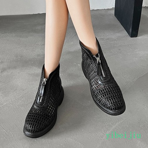 Women’s Weave Woven Zipper Leather Ankle Boots Platform Hollow Out Shoes Soft SZ