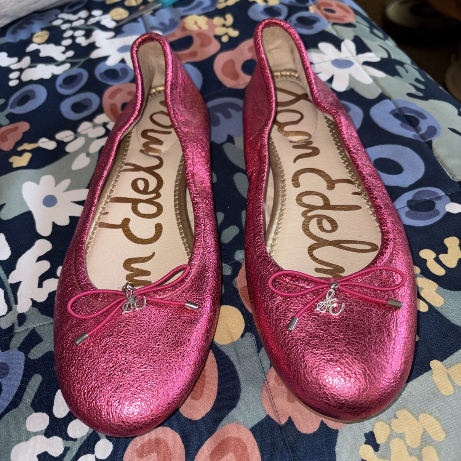 Sam Edelman Felicia Pink Foil Leather Ballet Flats Size 8 EUC Shiny