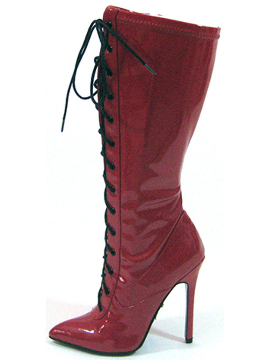 Highest Heel Womens 4.5″ Stretch Lace-Up Corset Boot Red Patent Shoe