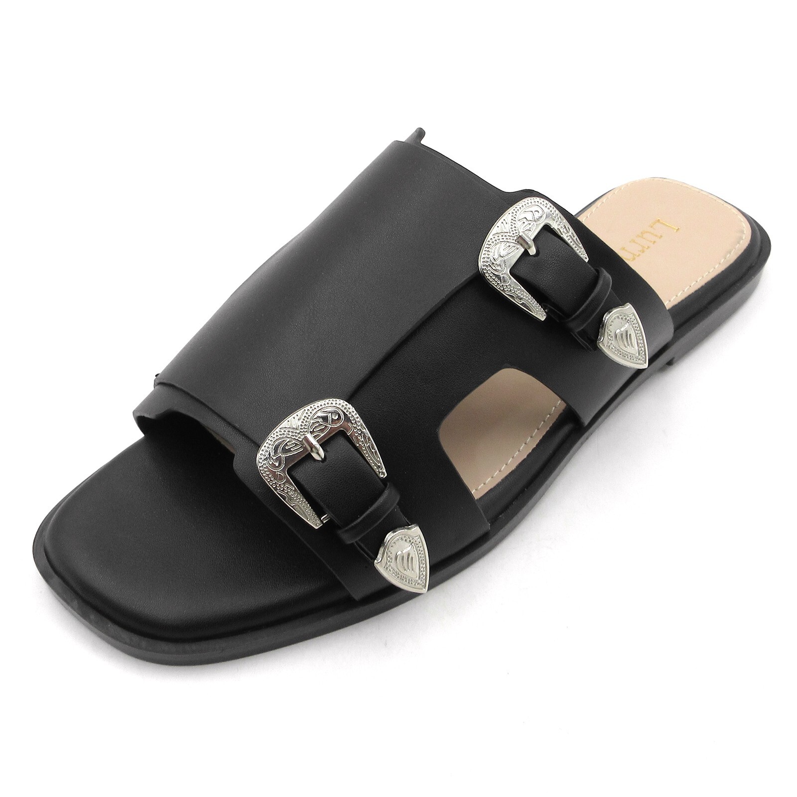 Lurnyet Comfort Women’s Double Western Buckle Slide Sandals, Faux Leather