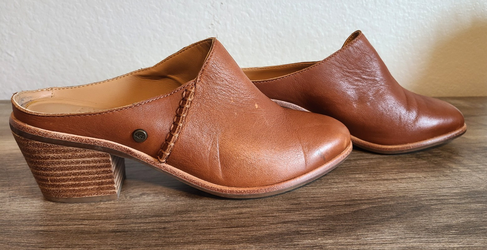 UGG Lovisa Womens Mules Shoes SIZE W7 Brown Leather Man Made Materials