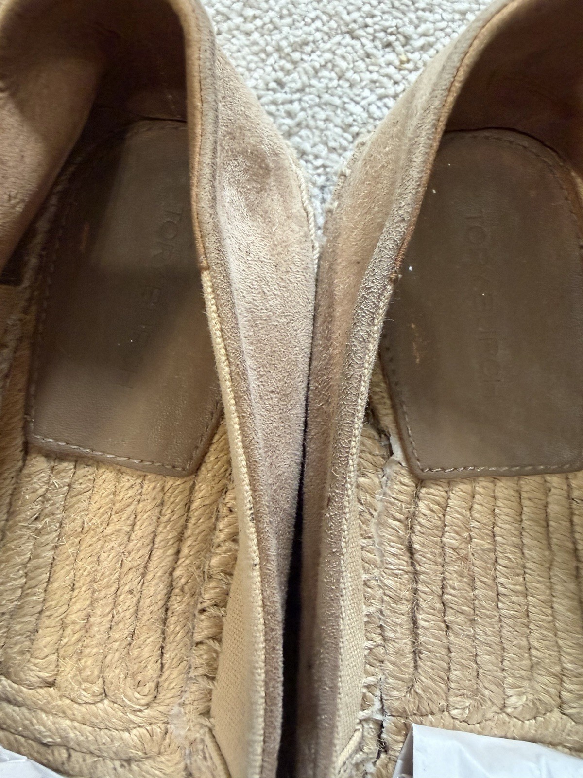 Tory Burch Ines Embellished Suede Espadrilles Taupe Tan Crystal Logo Flats 8