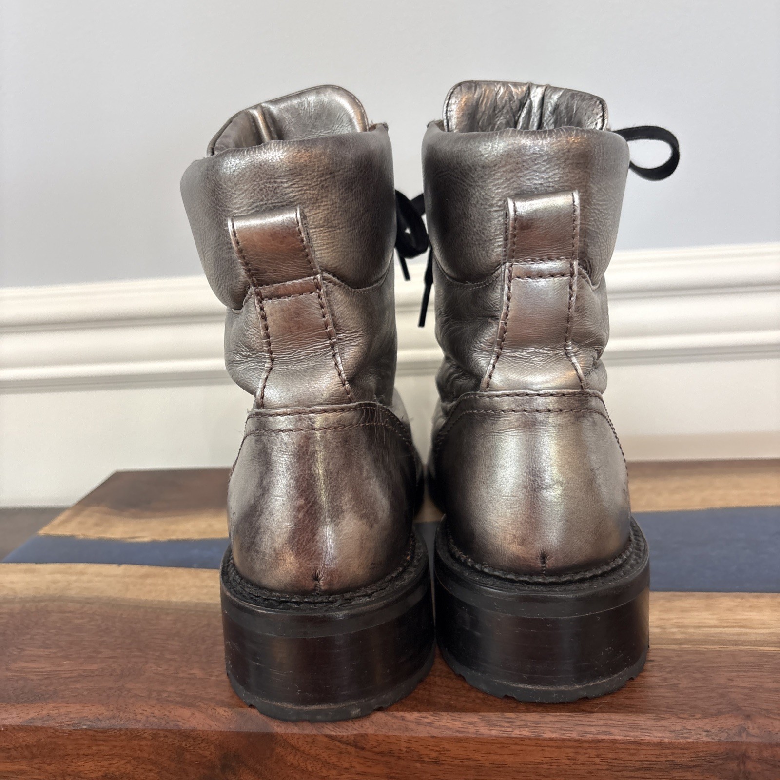FRYE Size 10 B Samantha, Hiker Boots, Leather Silver Lace Boots 3472235