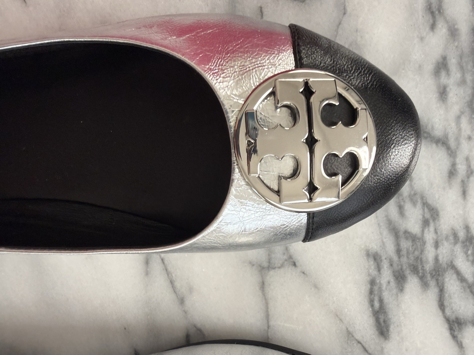 Tory Burch Silver /Black Leather Cap Toe Double T Bow Ballet Flats Sz 8 -NEW