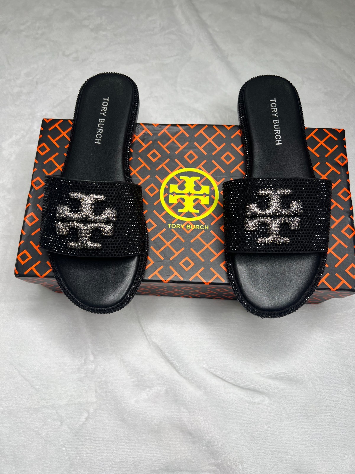 Tory Burch Everly Slide Sandals Perfect Black/Crystal Size 8