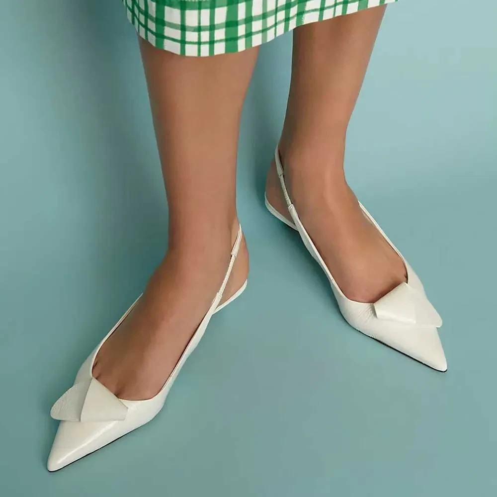 Elegant Pointy Toe Slingback Kitten Heel Pumps Shoes in White FSJ202407008B