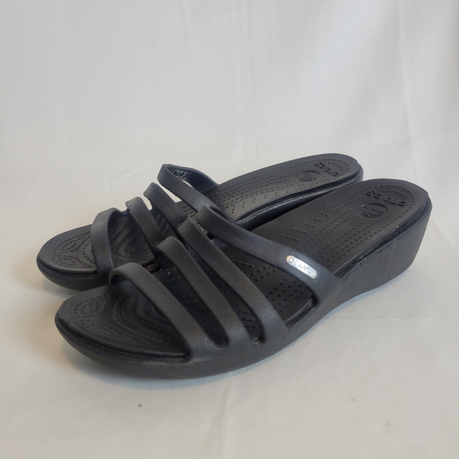 CROCS Womens Size 10 Rhonda Wedge Slip On Strappy Sandals Slides Open Toe Black