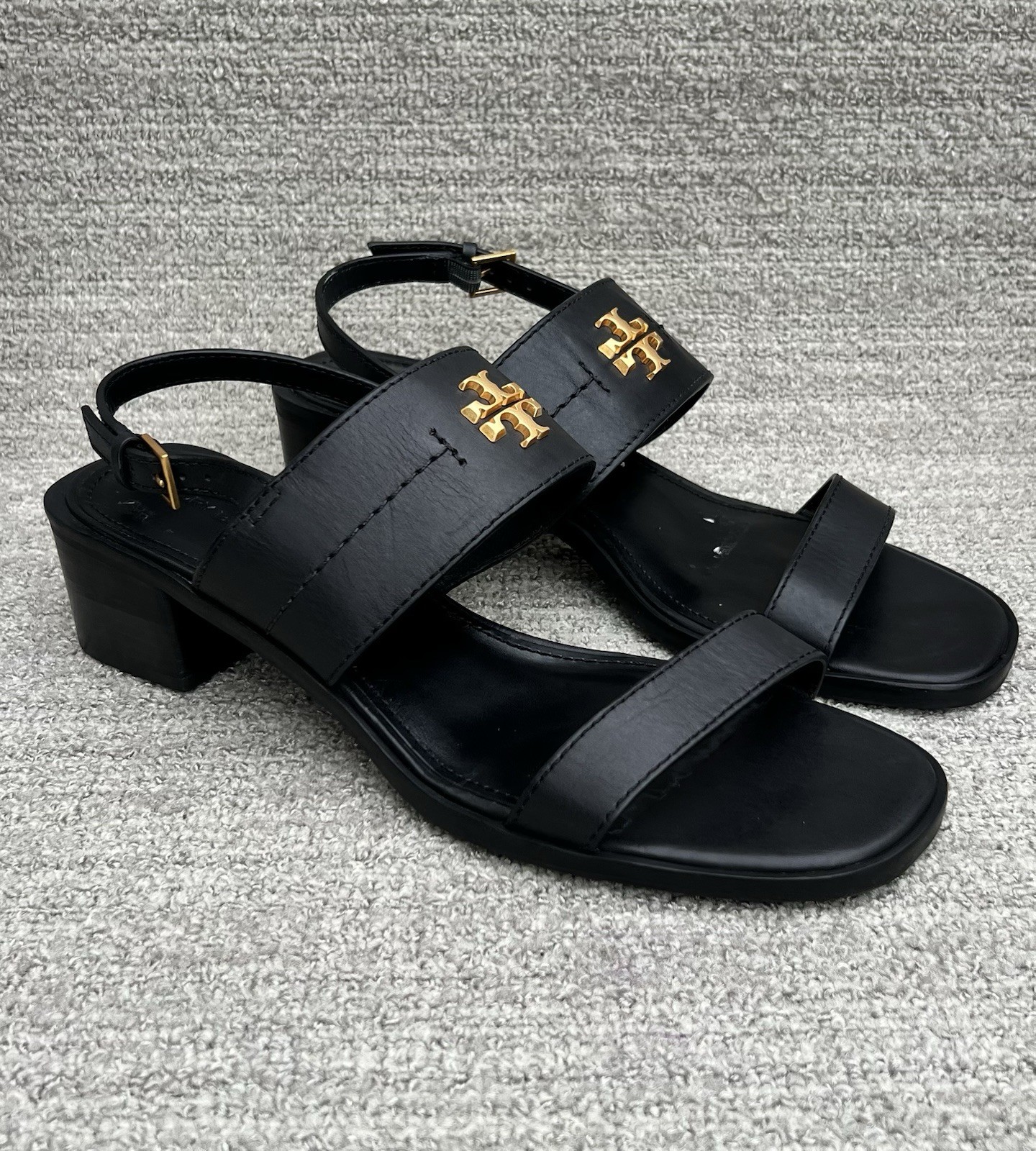 TORY BURCH Eleanor Block Heel Black Leather Sandals Women’s Size 10 US