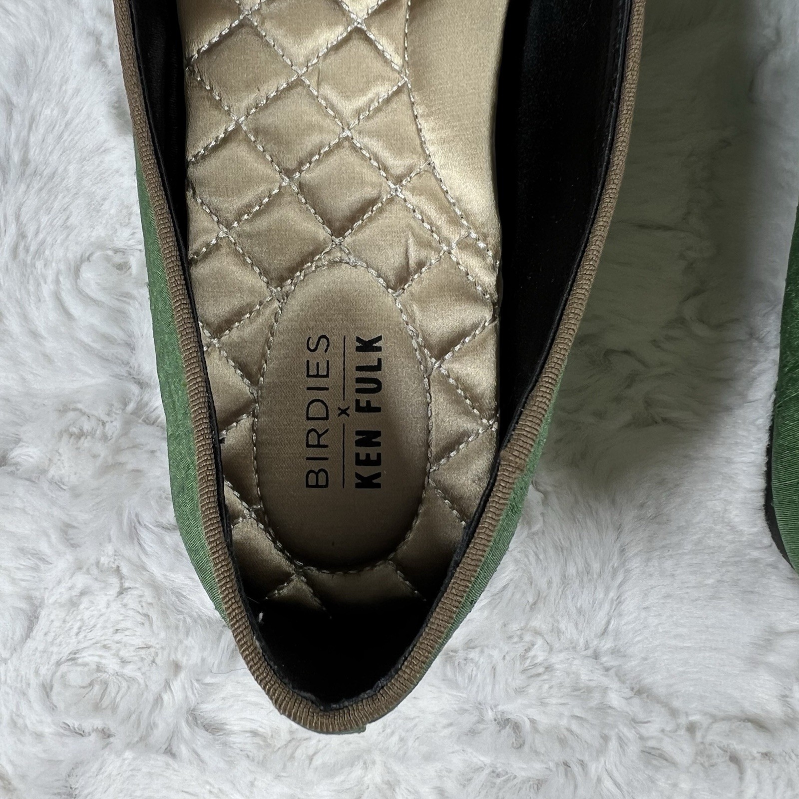 Birdies x Ken Fulk Leopard Satin Slipper Shoes Flats Women 9.5 Emerald Green Art
