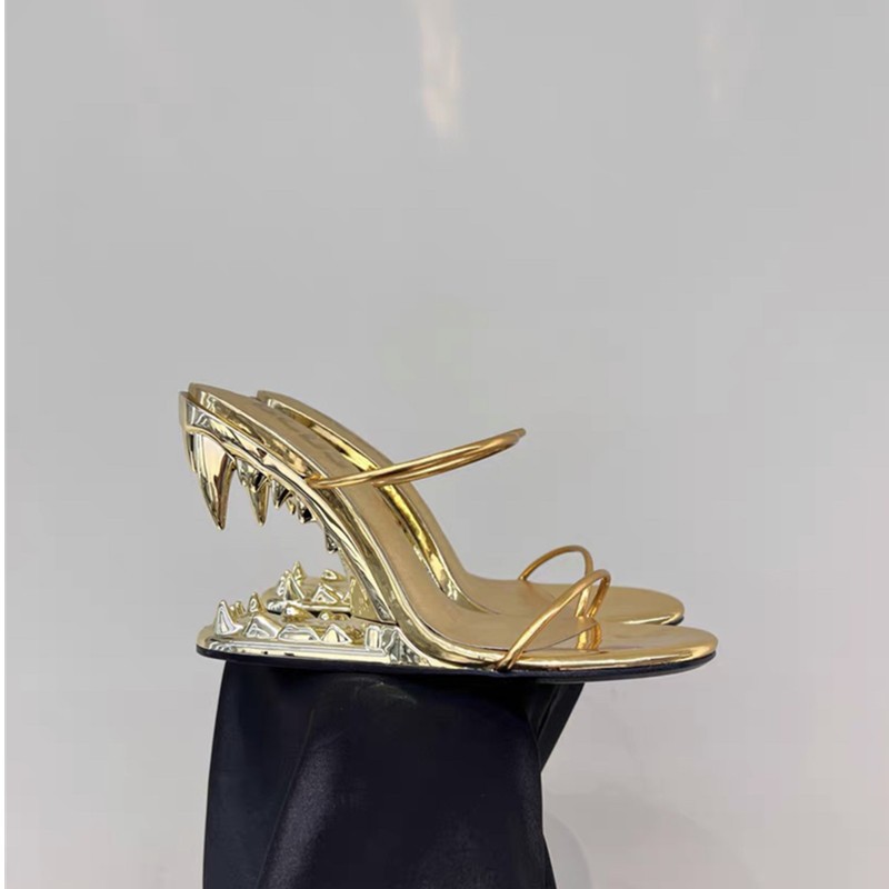 Women Metal High Teeth Heels Mules Sandals Oversize Slippers Fashion Show Runway
