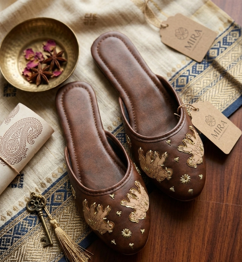 Women Brown Leather Mules, Handmade Ethnic Slip-On Shoes, Elephant Design