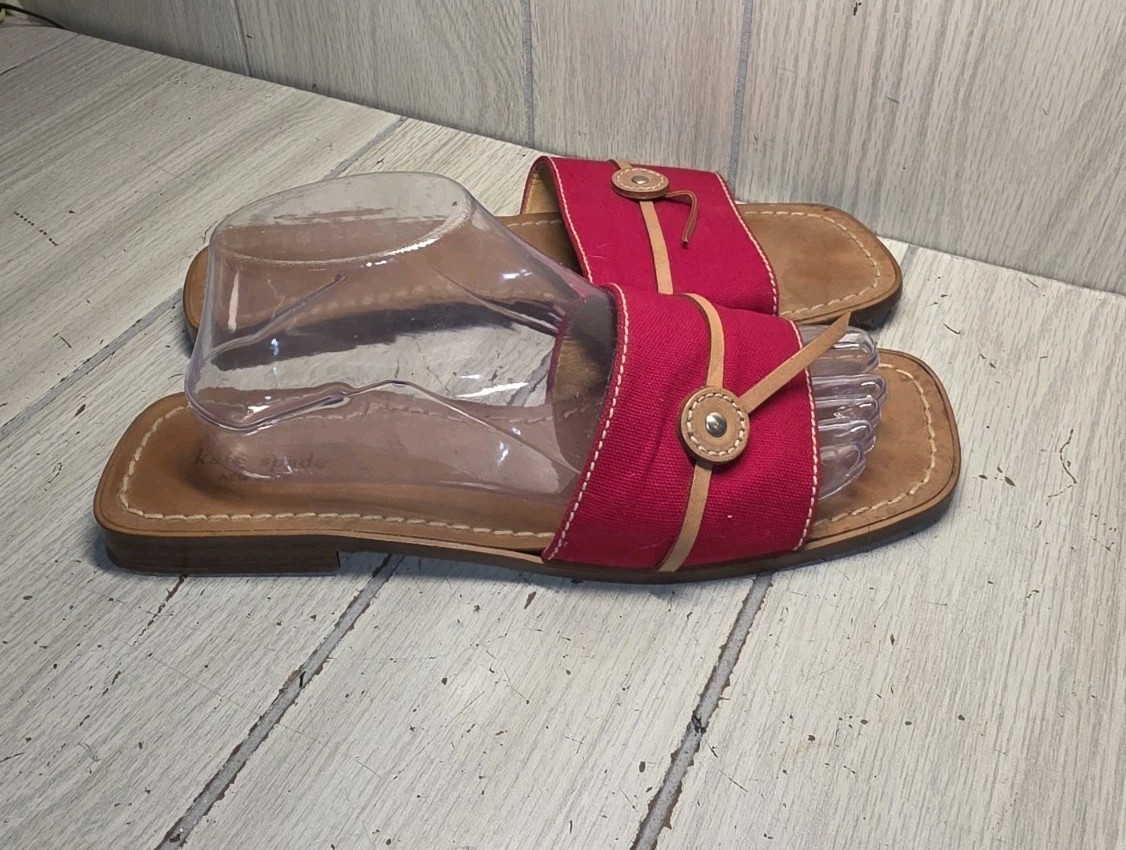 Kate Spade Red Canvas & Leather Flat Slides Sandals Women’s 10B Summer Boho