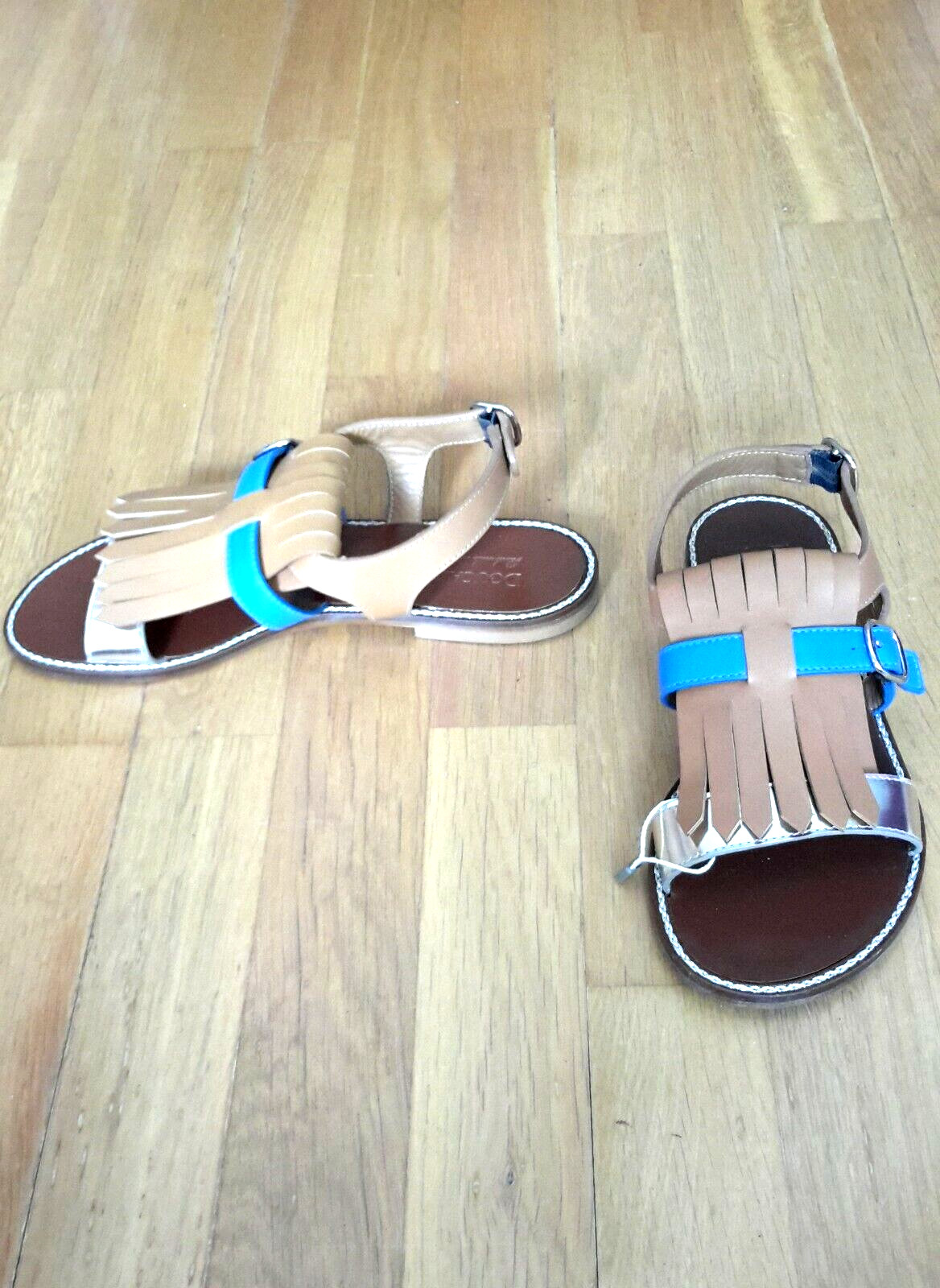 NEW DOUCAL’S LUXURY ITALIAN DESIGNER sandals moccasin tan blue silver IT35 US5 3