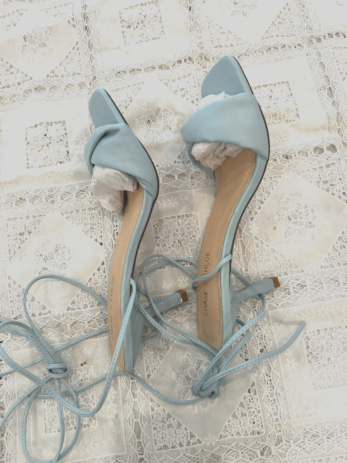 NEW WITH TAG CHASE + CHLOE LIGHT BLUE HEELS ANKLE WRAP STRAP SHOES,SZ:8