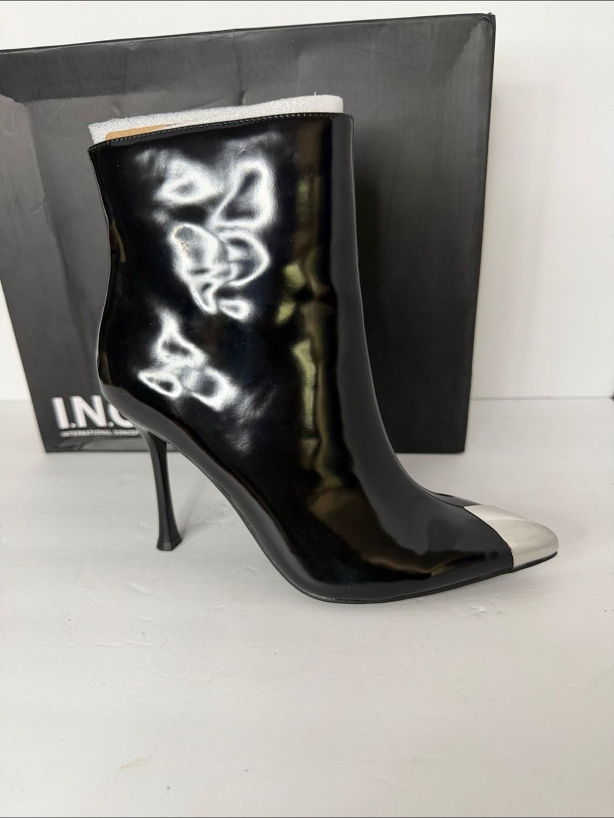 INC International Concepts Black Patent Stiletto Ankle Boot with Silver Toe