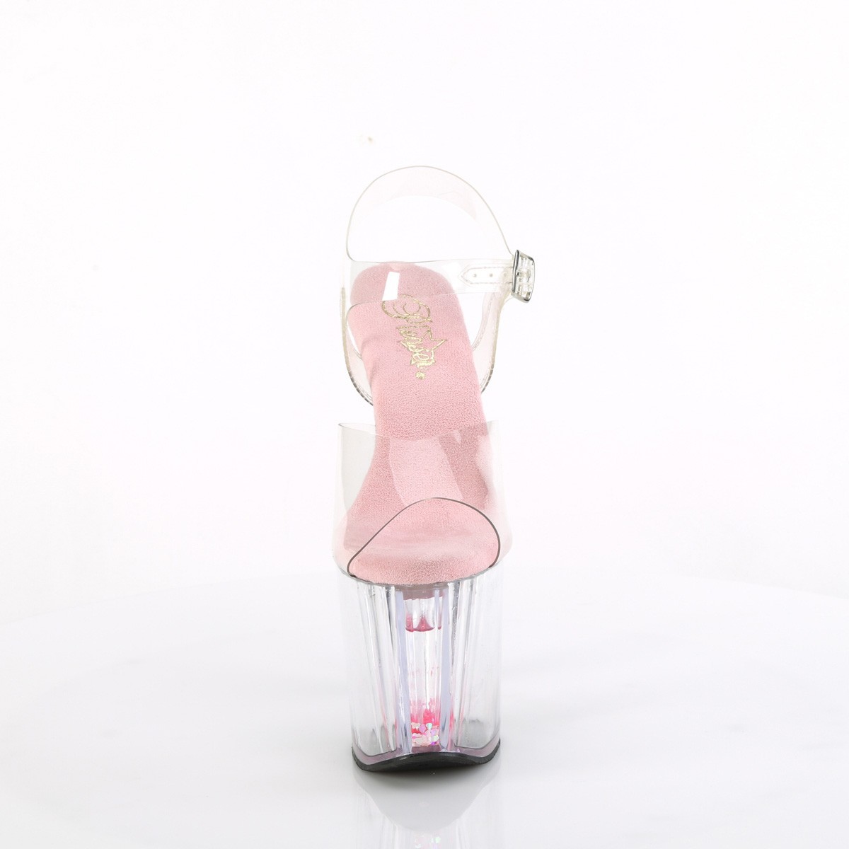 PLEASER 8″ Heel Glitter Pink Heart Platform Ankle Strap Clear Sandal Shoes