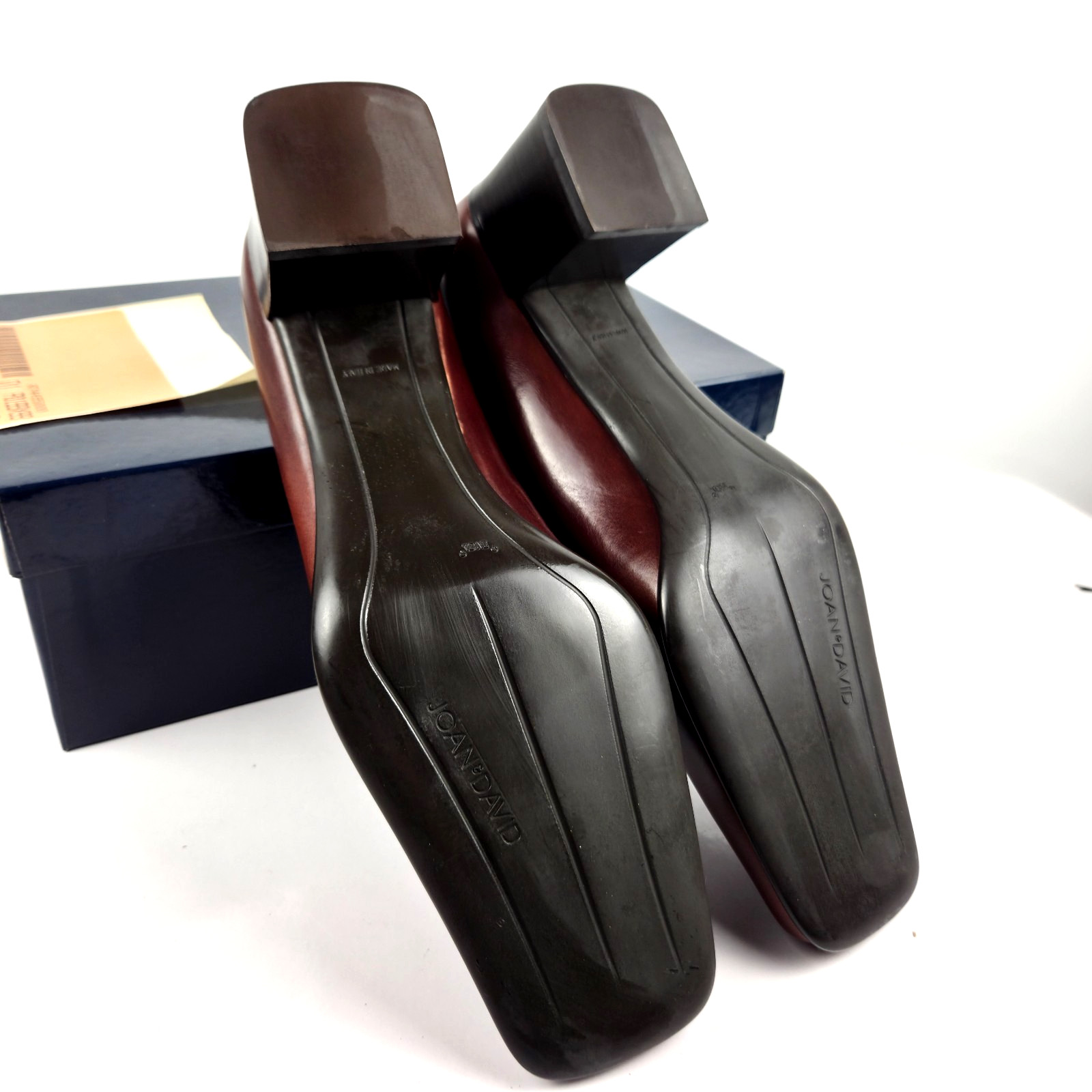 Joan & David Walnut Brown Leather Square Toe Block Heel Pumps 8.5M Italy VTG NOS