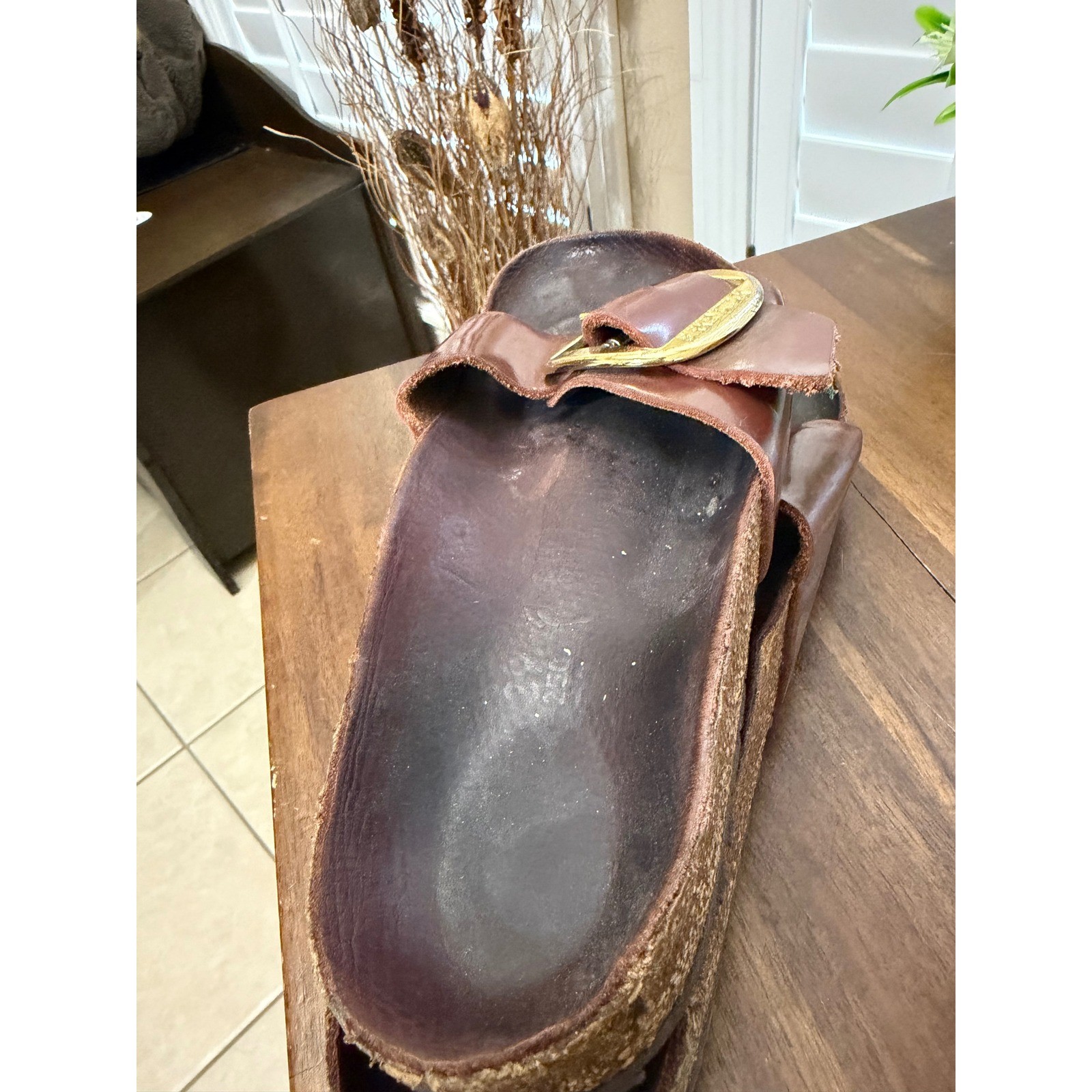Birkenstock Madrid Big Buckle Cognac Leather Slides Gold Buckle Sandals 39