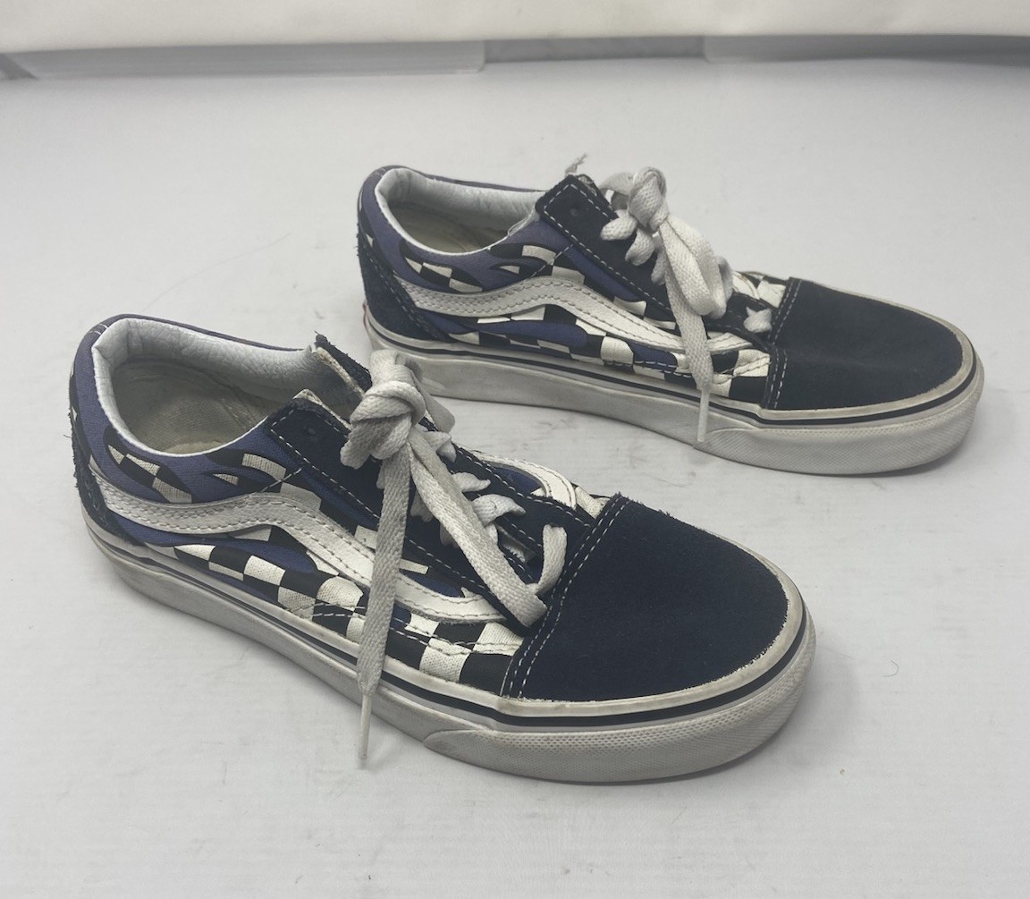 Vans Old Stool Women 5 Men 3.5 Youth Size Black Checkerboard Flames Skateboard