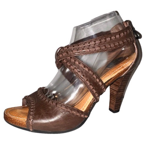 Adam Tucker Me Too Brown Leather Woven Whipstitch Ankle Strap Heels Size 9.5M