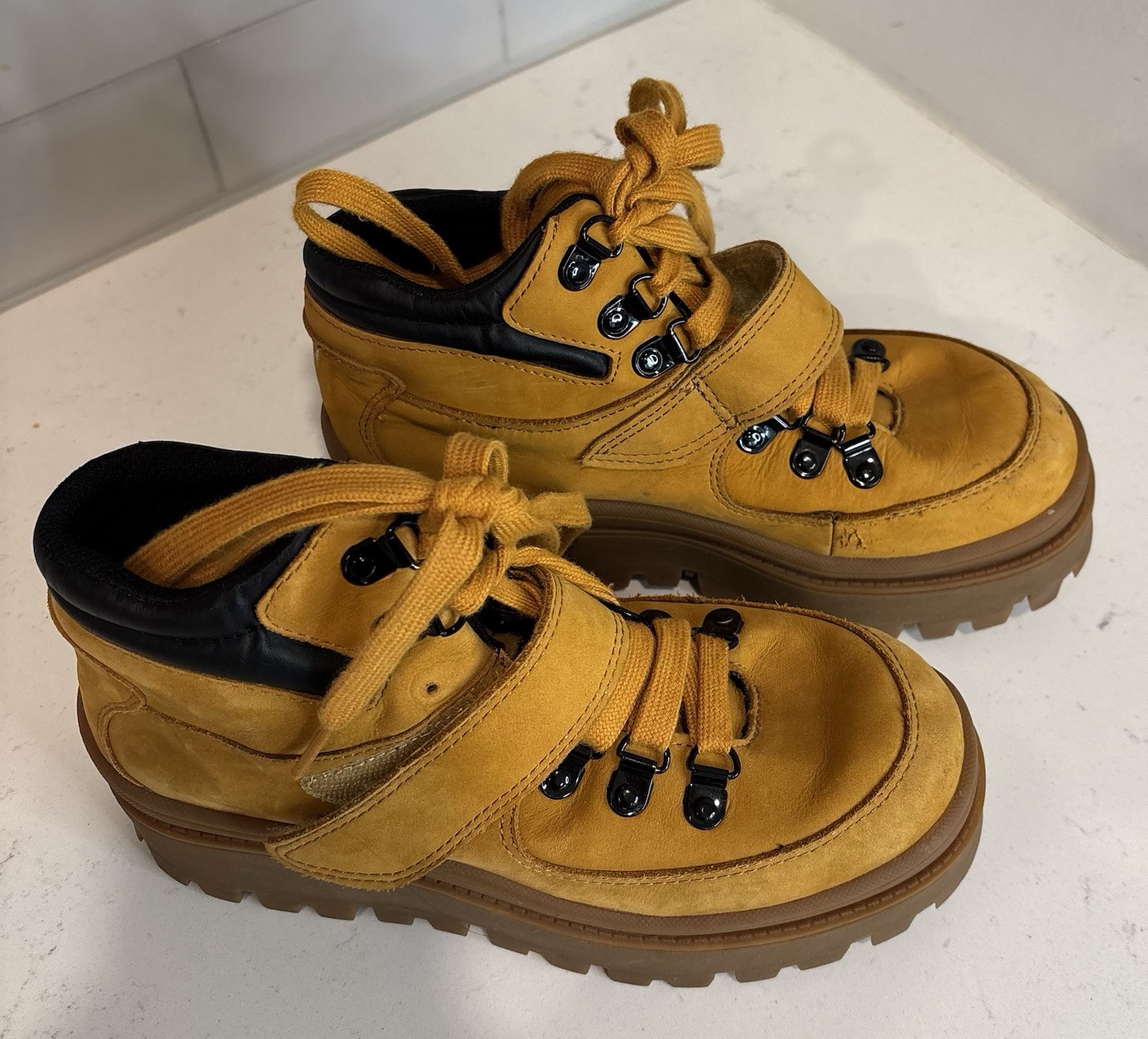 JEFFREY CAMPBELL Top Peak Platform Hiking Boots Mustard Yellow Lug Sole Chunky