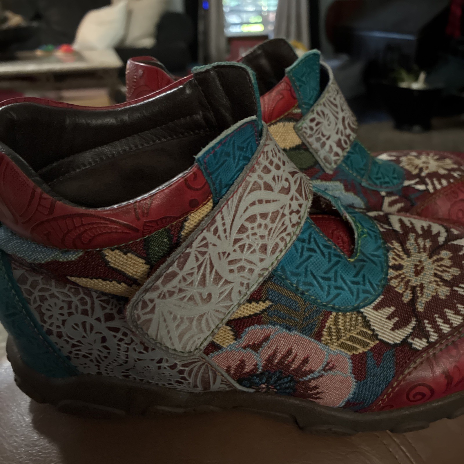 Socofy Red/Teal/Textile Leather Ankle Boots Women’s 39 US SZ 8.5