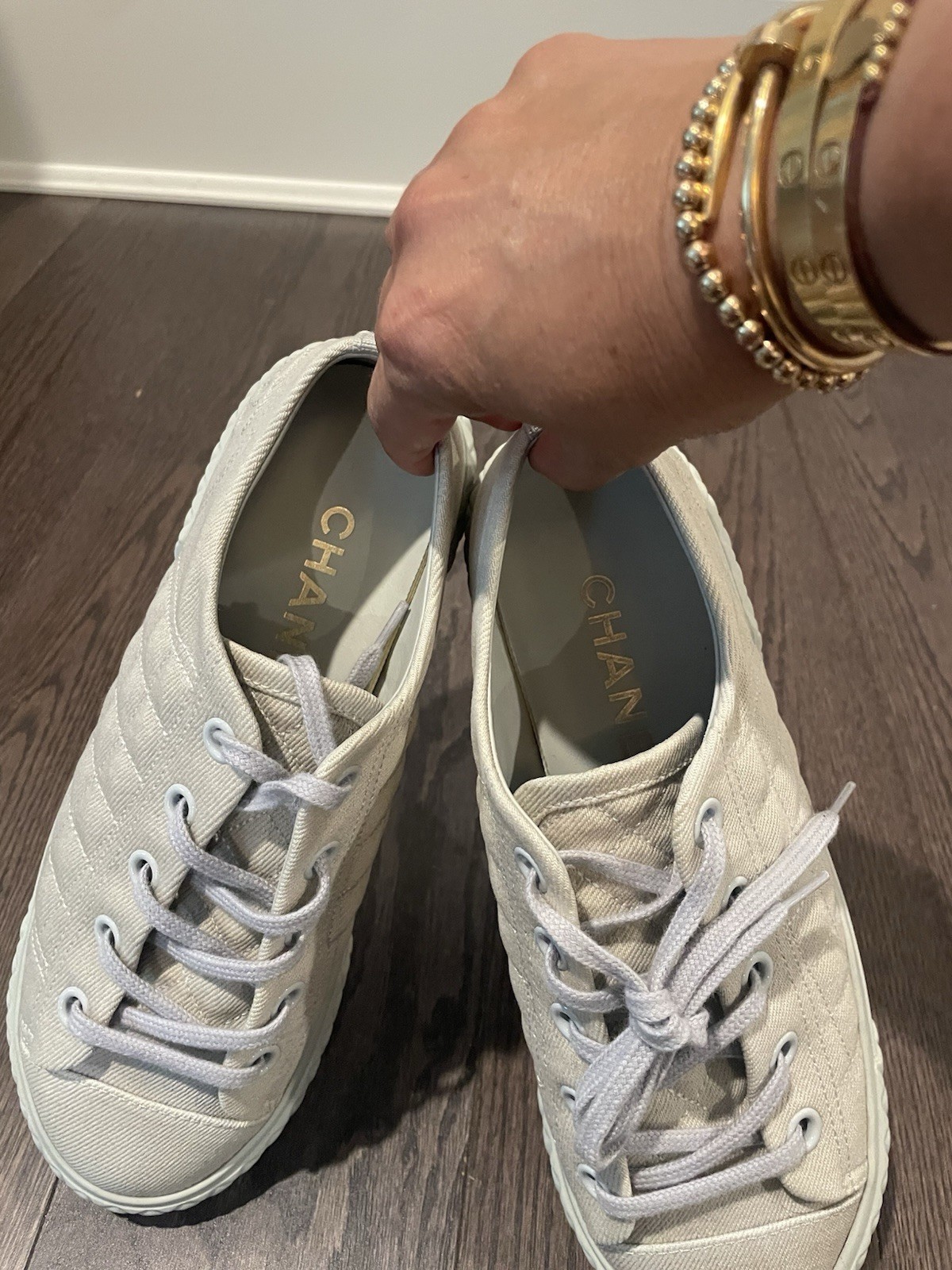 Chanel Printed Fabric Quilted Low Top Sneakers 38 Light Gray