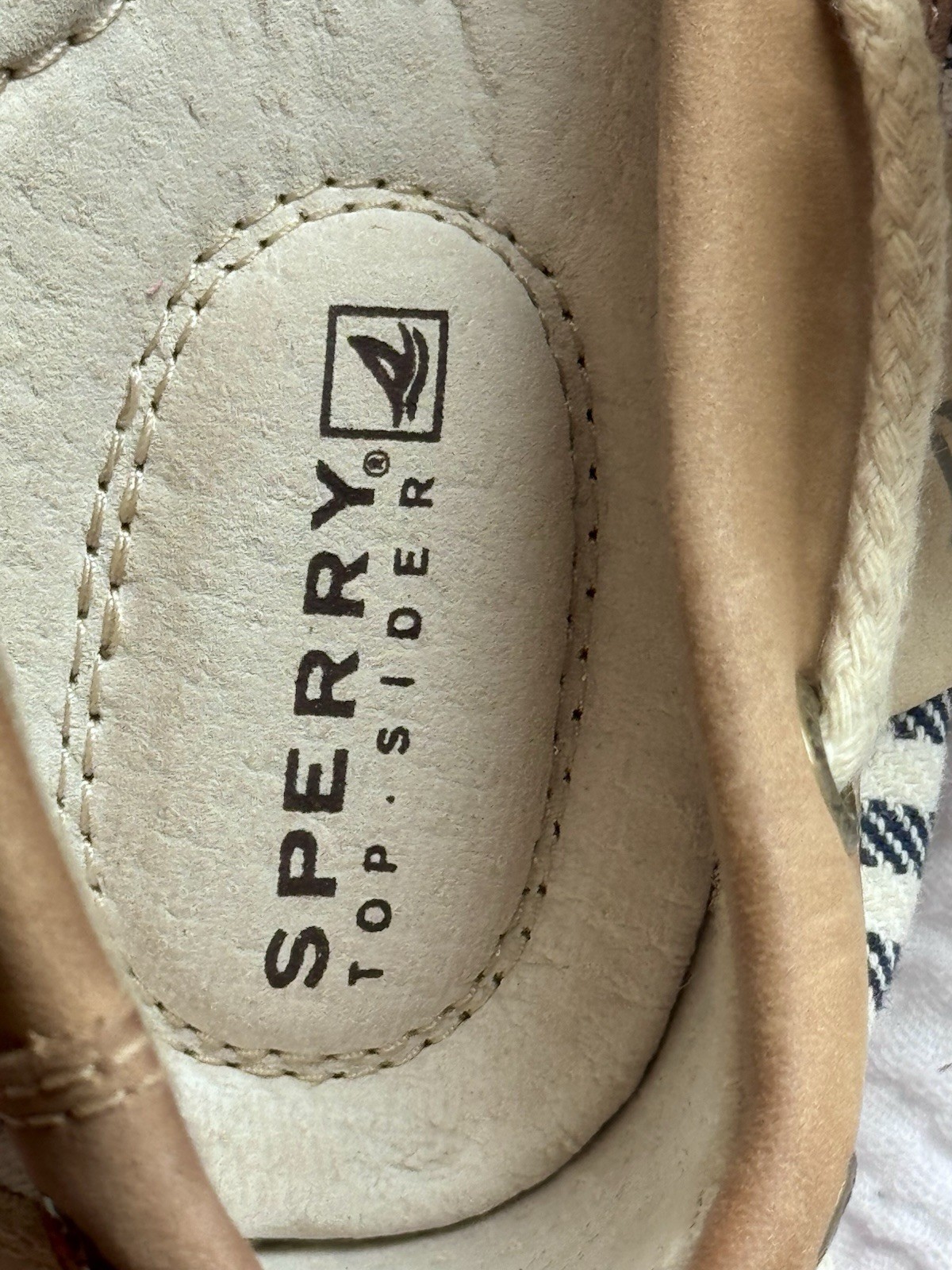 Sperry Top-Sider Striped Boat Shoe Canvas/Leather Tan Blue White 6.5M STS91406