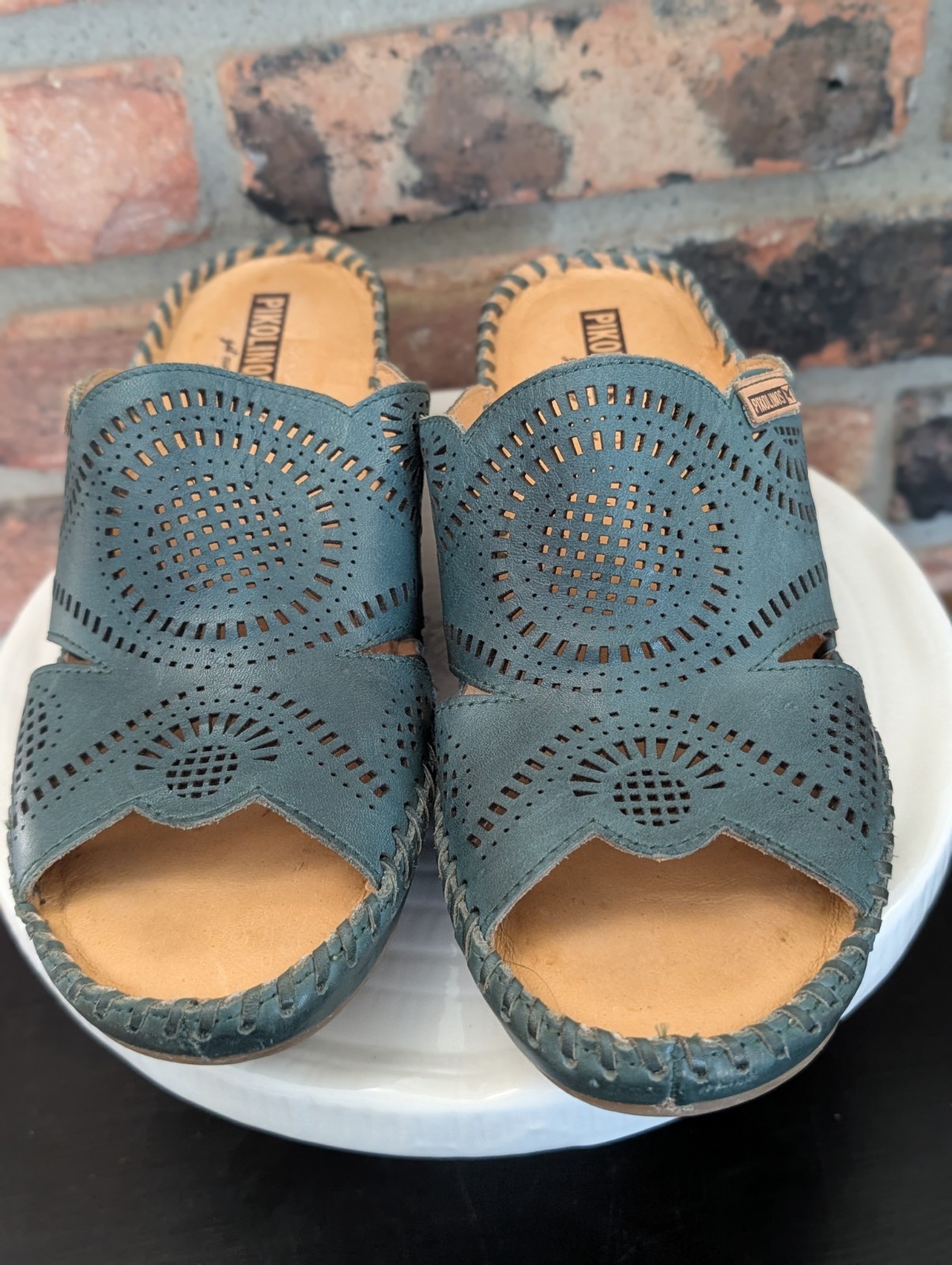 Pikolinos Calfskin Leather Sandals Margarita Midi Wedge Slide Green Sz 38 7.5-8