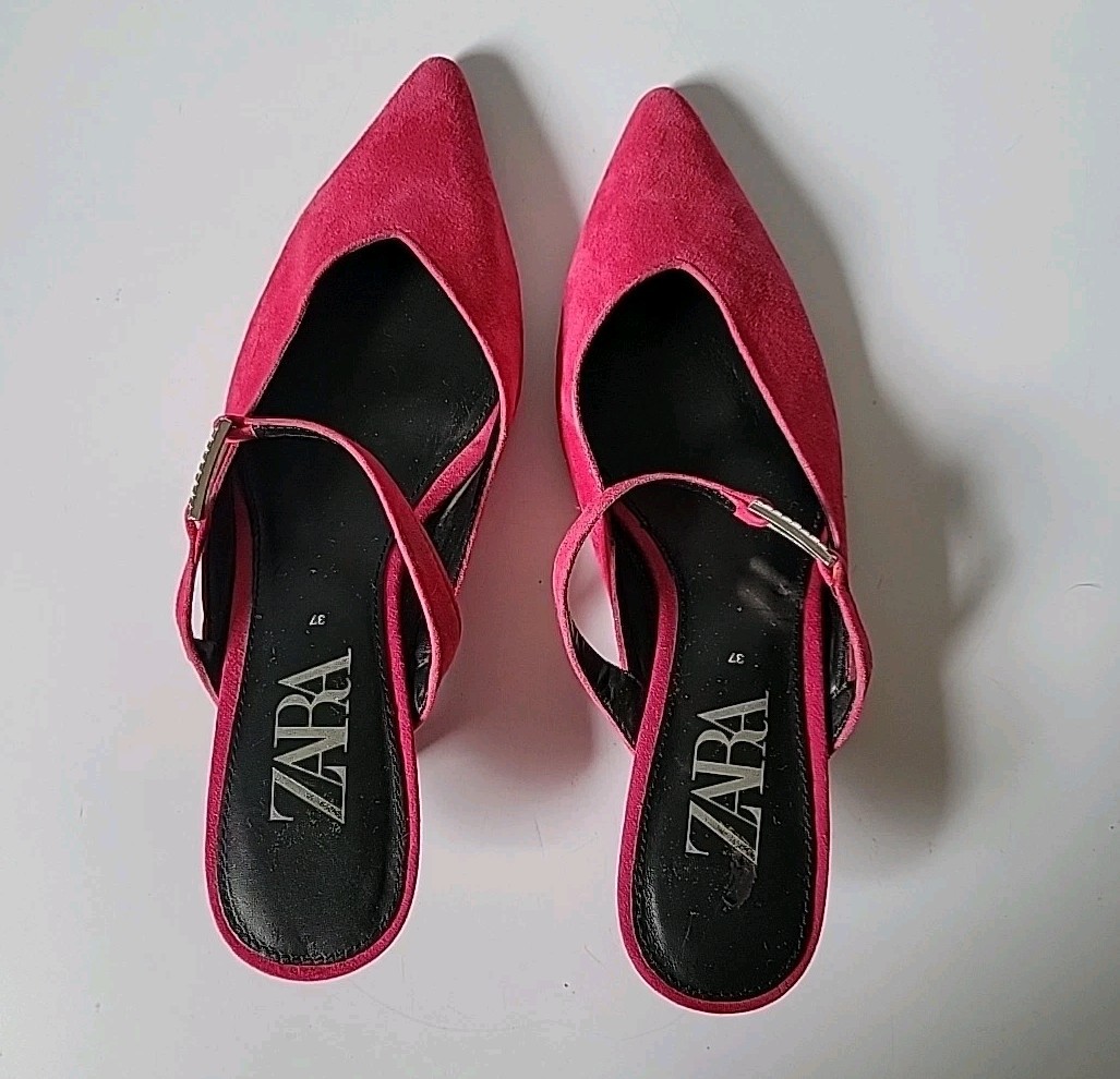 Zara Kitten Heel Point Toe Mules 7 Fuschia Pink Suede Chic Effortless Feminine