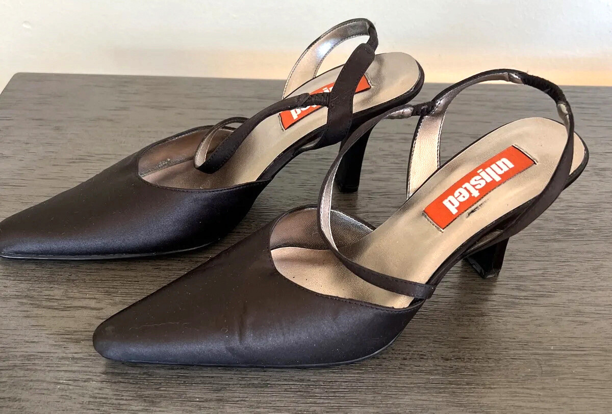 UNLISTED by KENNETH COLE Black Satin SLINGBACK HEELS Size Not Marked 7 to 7 1/2